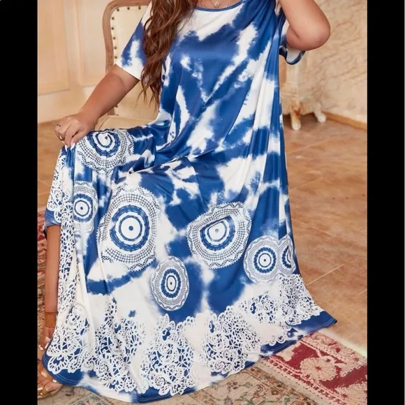 Boho Plus Size Tie Dye Tribal Print Umbrella Hem Maxi Dress - Picture 5 of 5